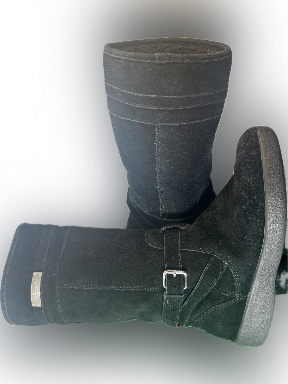 Coach Tallulah Black Suede Mid-Calf Buckle Boots - Size 8.5 M